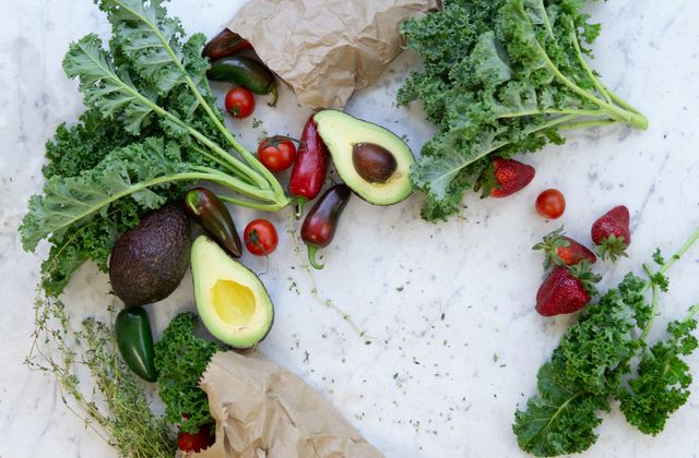 Fresh greens, avocado and vegetables